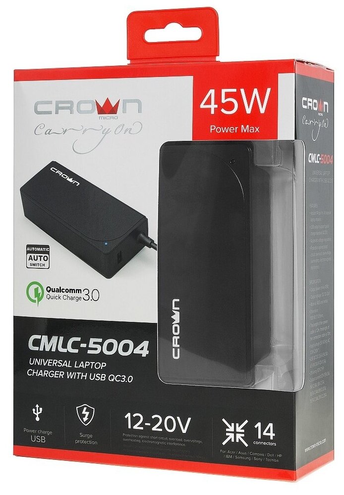 Универсальное зарядное устройство CROWN CMLC-5004 (14 коннекторов, 45W, USB QC 3.0)