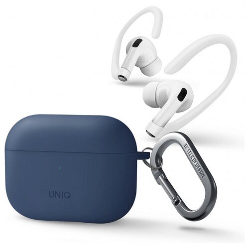 Чехол с карабином Uniq NEXO Liquid silicone + Sports ear hooks для AirPods Pro 2, Caspian Blue (AIRPODSPRO2-NEXOBLU)