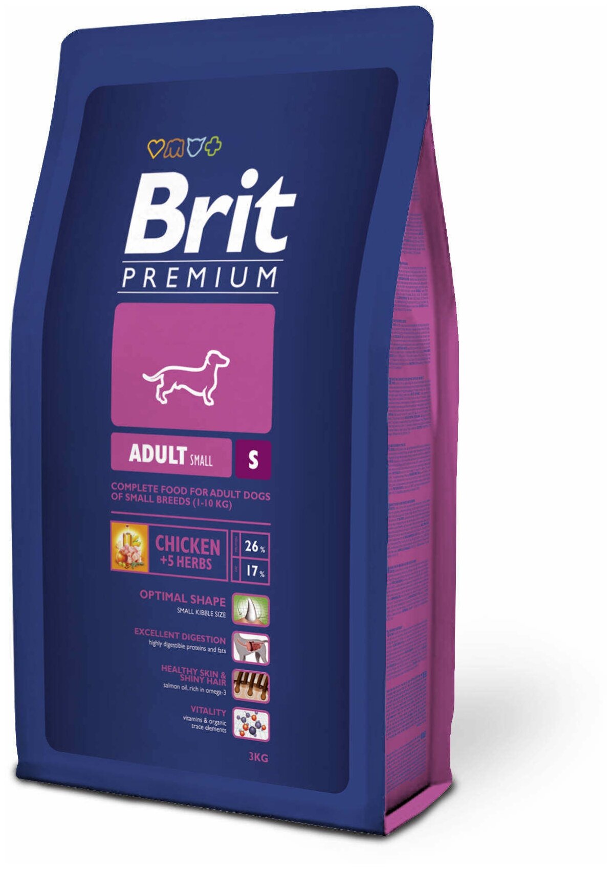 Сухой корм для собак маленьких пород Brit Premium Adult S курица, 3 кг