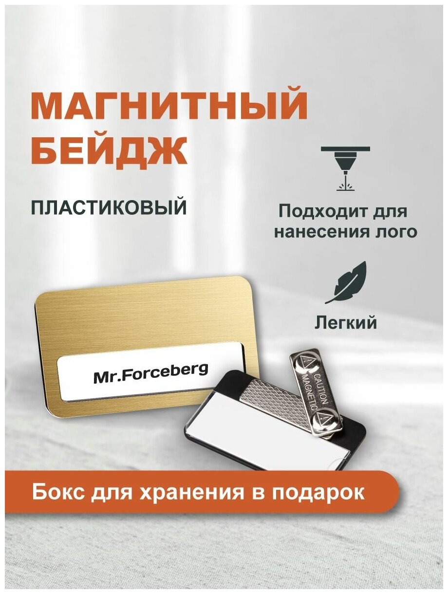 Бейдж на магните пластиковый с окном Forceberg 70х40 мм, золотистый. Бейджик магнитый