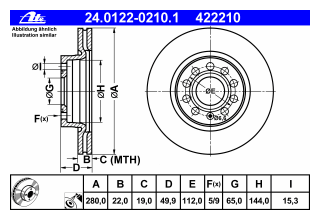 Тормозной диск Ate 24.0122-0210.1 Vag: 1K0615301AC 1K0615301S 5C0615301 JZW615301A 1K0615301AK 422210 Audi A3 (8p1).