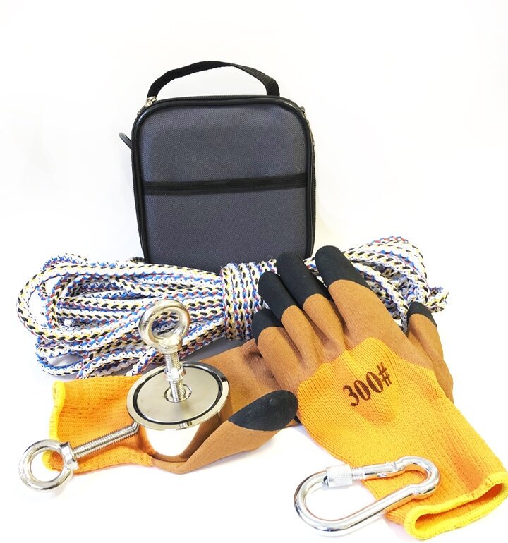Поисковый набор F200/2 (двухсторонний магнит с.ц.200кг, веревка, сумка, перчатки) + карабин в подарок