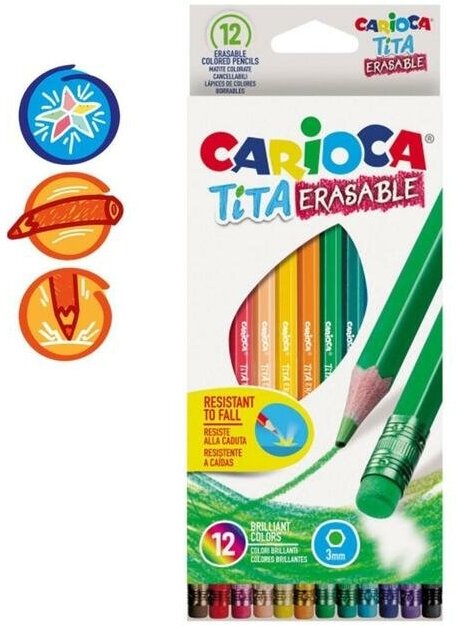 Карандаши 12 цветов Carioca "Tita Erasable", стираемые, яркий грифель 3.0 мм, шестигранные, пластиковые, картон, европодвес