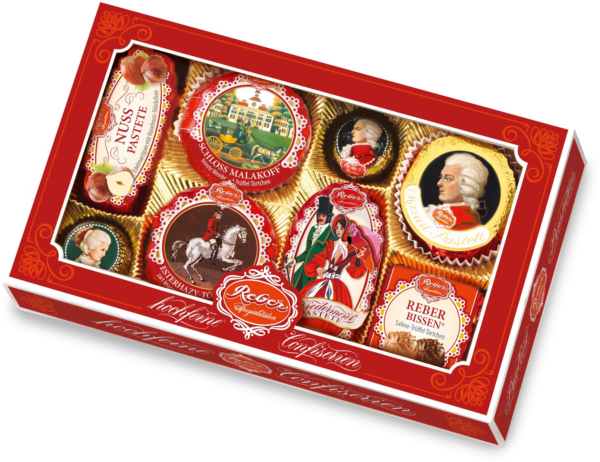 Подарочный набор Reber Моцарт Шоколадные конфеты ассорти с окном, 285 г