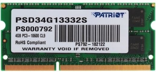 Память SODIMM DDR3 PC3-10600 Patriot PSD34G13332S, 4Гб, 1.5 В