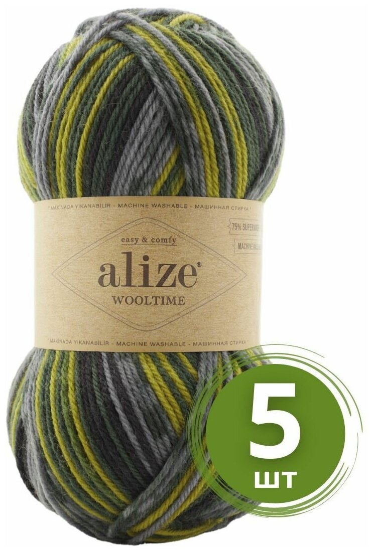 Пряжа Alize Wooltime (Вултайм) - 5 мотков Цвет: 11019 серо-зеленый принт 75% шерсть, 25% полиамид, 100г 200м