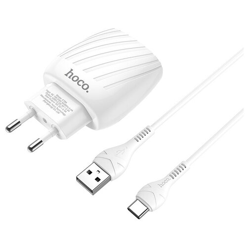 фото Блок питания сетевой 2 usb hoco, c78a, max energy, 2.4a, пластик, индикатор, кабель type-c, цвет белый