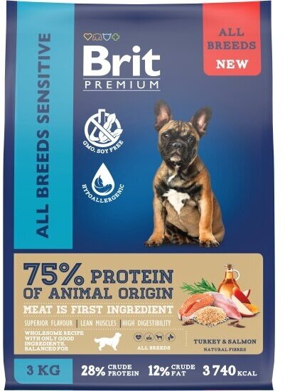 Корм сухой Brit Premium Dog Sensitive для взрослых собак всех пород с чувствительным пищеварением, с лососем и индейкой 3 кг