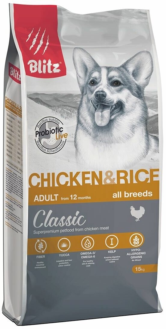 BLITZ CLASSIC ADULT ALL BREEDS CHICKEN & RICE для взрослых собак всех пород с курицей и рисом (15 кг