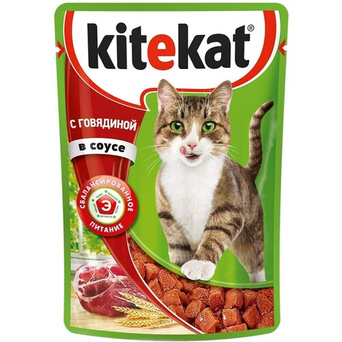 Корм консервированный для кошек KITEKAT с сочными кусочками говядины в соусе, 85 г - 50 шт.
