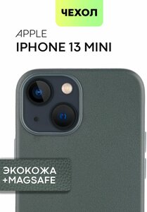 Фото Кожаный чехол MagSafe для Apple iPhone 13 mini (Эпл Айфон 13 мини) защита камер, микрофибра (мягкая подкладка внутри), тёмно-зелёная экокожа