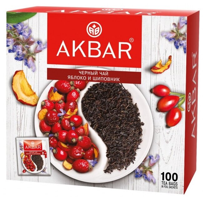Чай черный AKBAR яблоко и шиповник, 100 х1,5 г - фото №1
