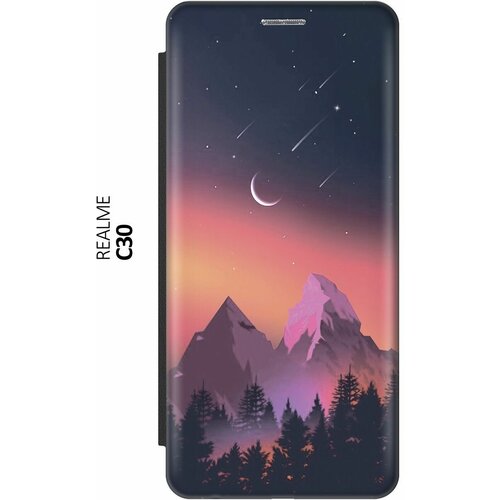 Чехол-книжка на realme C30, Рилми С30 c принтом Горы и звездопад черный чехол книжка на realme c30 рилми с30 c принтом гром и молния черный