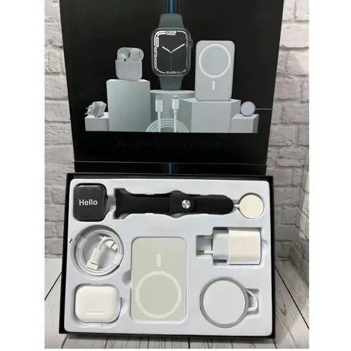 Подарочный набор 6 в 1 Совместим с iOS и AndroidСмарт часыВнешний аккумуляторАдаптер 20WБеспроводные наушникиБЗУ MagSafeКабель Lightning 399900₽