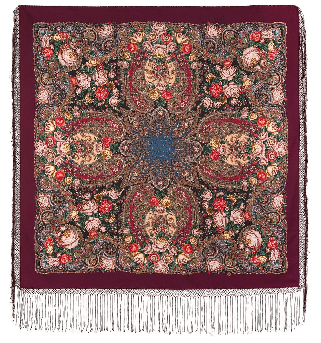 Павловопосадские платки,Многоцветный платок из уплотненной шерстяной ткани с шелковой бахромой Любовь земная 