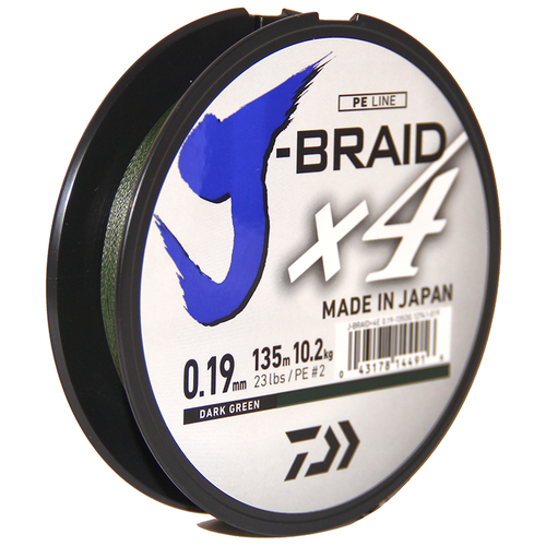 Плетеный шнур DAIWA J-Braid X4 d=0.19 мм, 135 м, 10.2 кг, dark green, 1 шт.