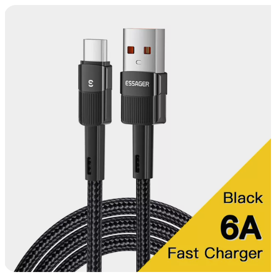 Кабель зарядный Essager, 6 А, USB Type-C, 66Вт, черный 2м