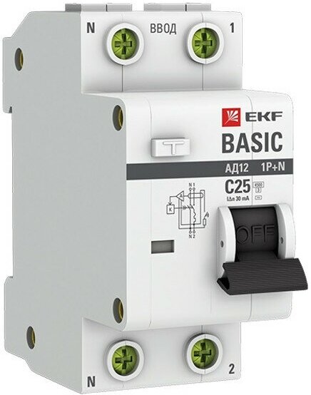 Выключатель дифференциального тока EKF Basic АД-12 1P+N 25А 30мА электронный тип АС C 4.5кА