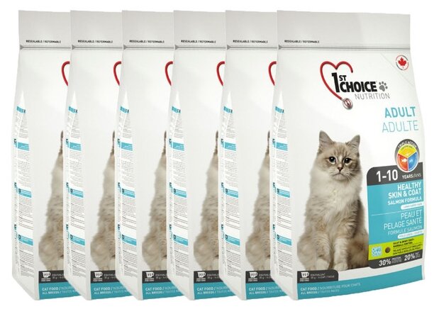 1ST CHOICE CAT ADULT HEALTHY SKIN & COAT для взрослых кошек при аллергии с лососем (0,907 кг х 6 шт)