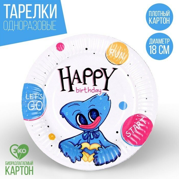 Тарелка одноразовая бумажная "Happy Birthday", 18 см(10 шт.)