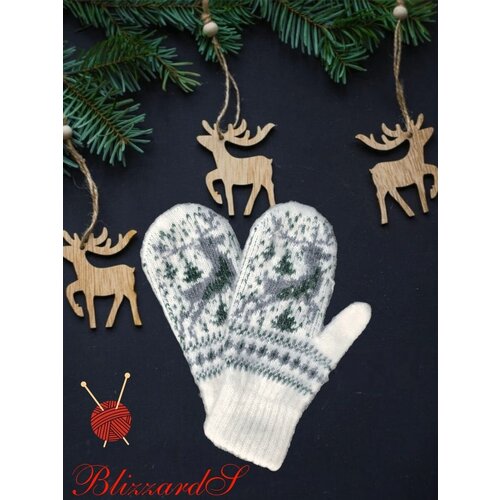 Варежки , демисезон/зима, шерсть, вязаные, утепленные, размер 6-8, зеленый, белый