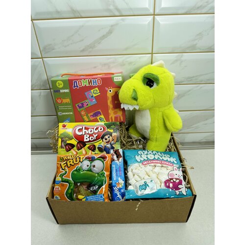 фото Подарочный набор детский, сюрприз бокс, домино детское, мягкая игрушка дракон 25 см, грибочки, мармелад, воздушное суфле, шоколад babyfox chek for you
