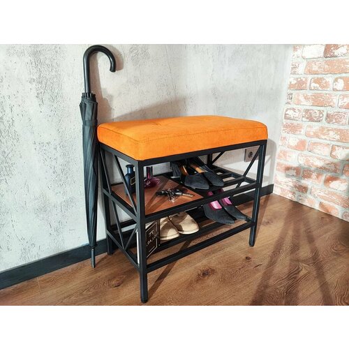 Обувница с мягкой сидушкой из массива дерева и металла, Этажерка для обуви в стиле Лофт лаконичного и современного дизайна. 60*34*50см