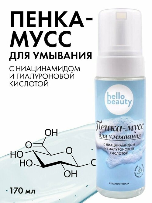 Hello Beauty Пенка - мусс для умывания лица. Ниацинамид + гиалуроновая кислота. Умывалка, средство очищения 170 мл.