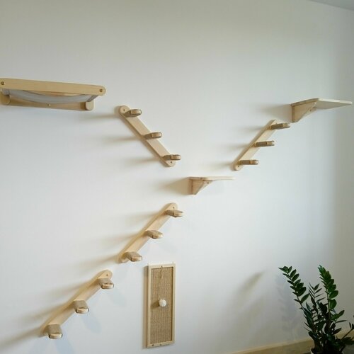 Игровой комплекс для кошек настенный 8 предметов, с 4 лесенками, 2 полками, гамаком, когтеточкой