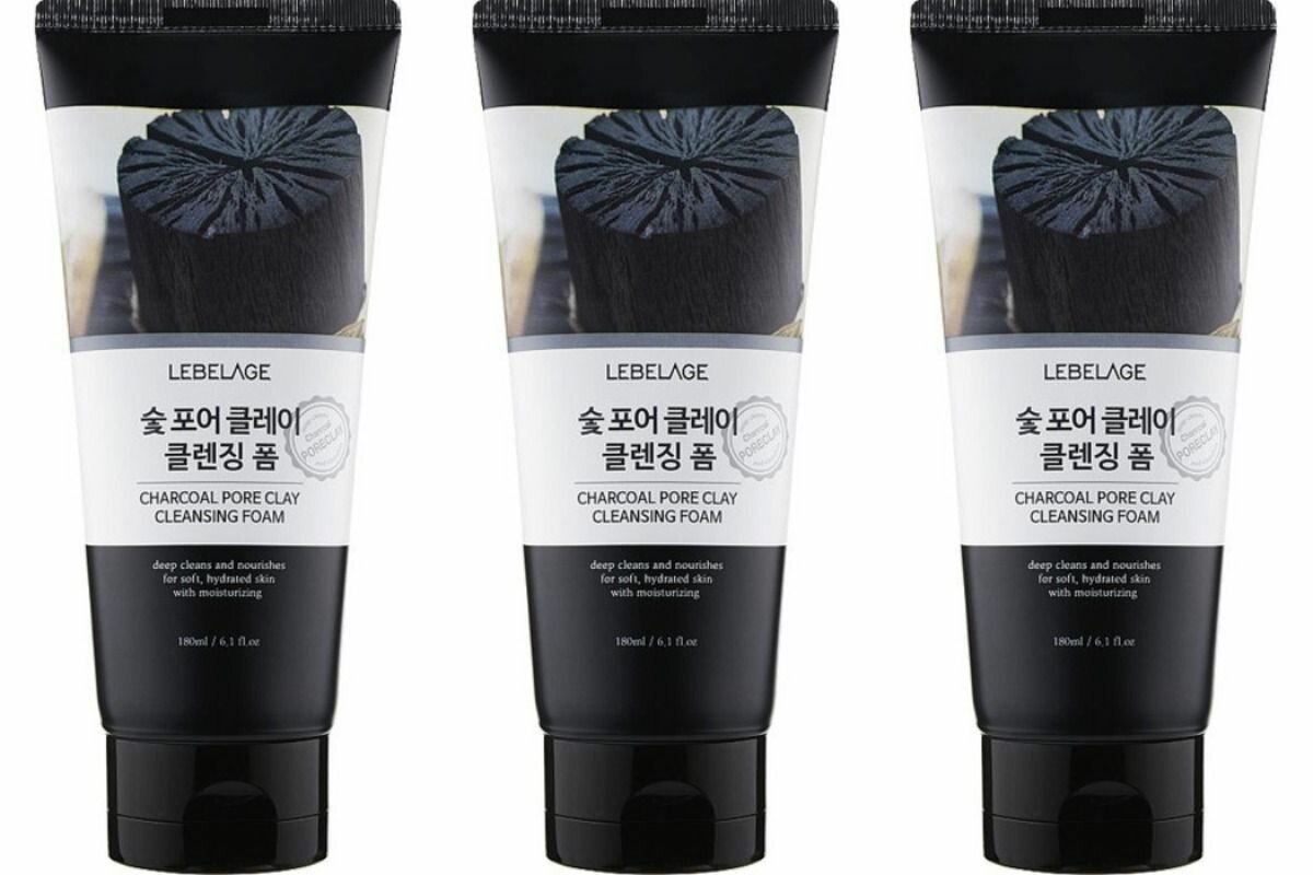 LEBELAGE Пенка для умывания для сужения пор с древесным углем CHARCOAL PORE CLAY CLEANSING FOAM, 180 мл, 3 шт