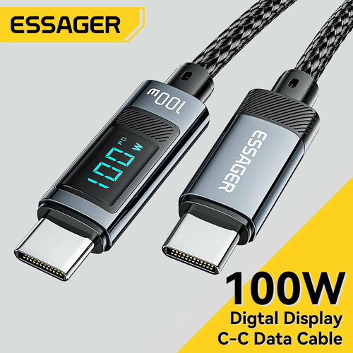 Кабель Essager Type-C-Type-C для быстрой зарядки и передачи данных с измерителем силы тока, E-marker, 100W, 7A, 480Mbps, QC 4.0, 2 м, быстрая зарядка для телефонов, ноутбуков, планшетов