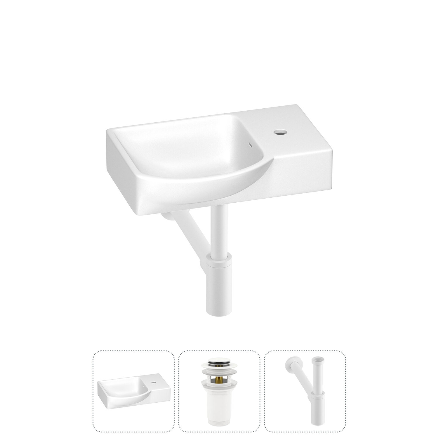 Маленькая раковина в ванную комнату или туалет Wellsee WC Area 202011804 в наборе 3 в 1: накладная или подвесная раковина 45 см, донный клапан, сифон (цвет набора матовый белый)