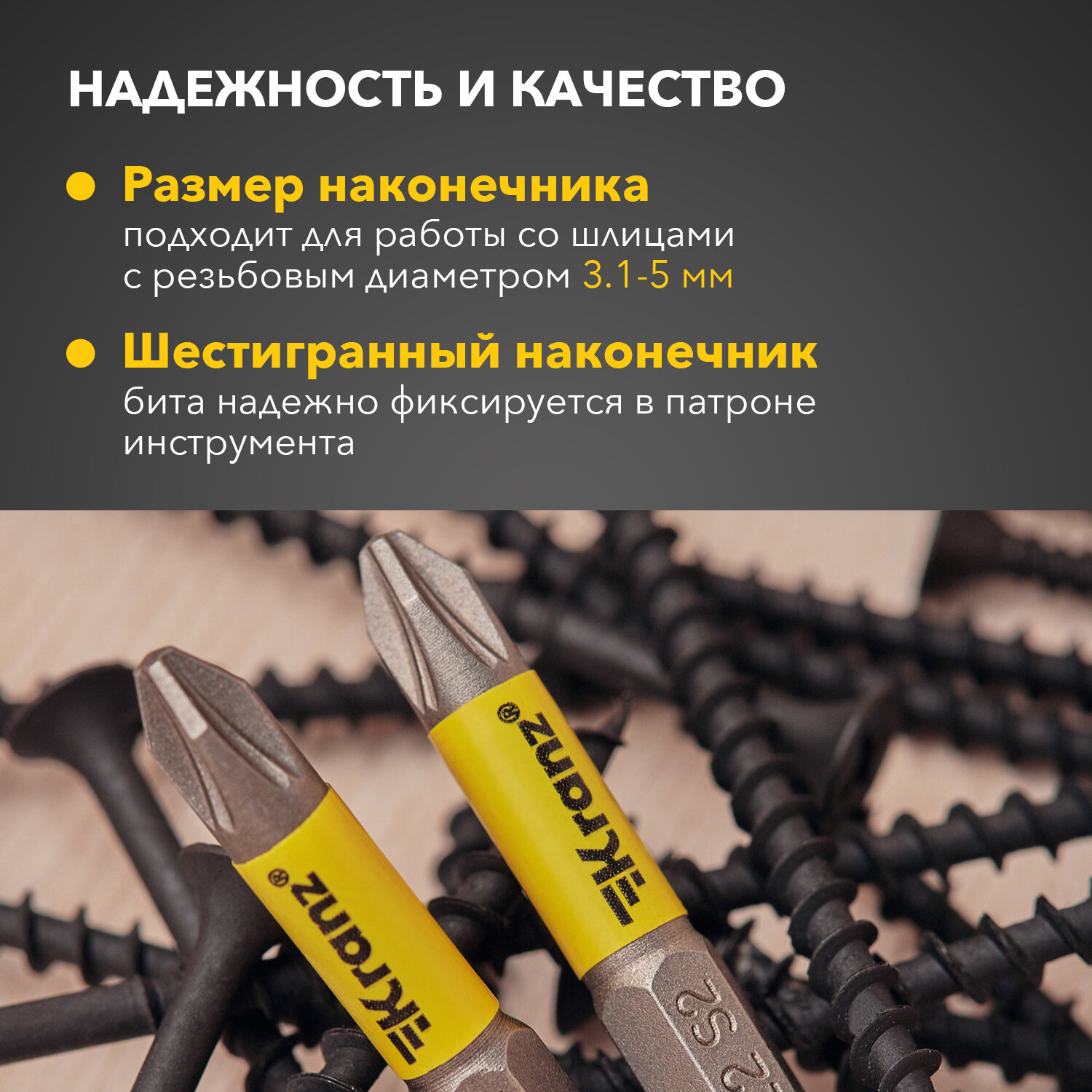Изображение Биты для шуруповерта KRANZ износостойкие с магнитным наконечником PZ2х50 мм, 2 штуки