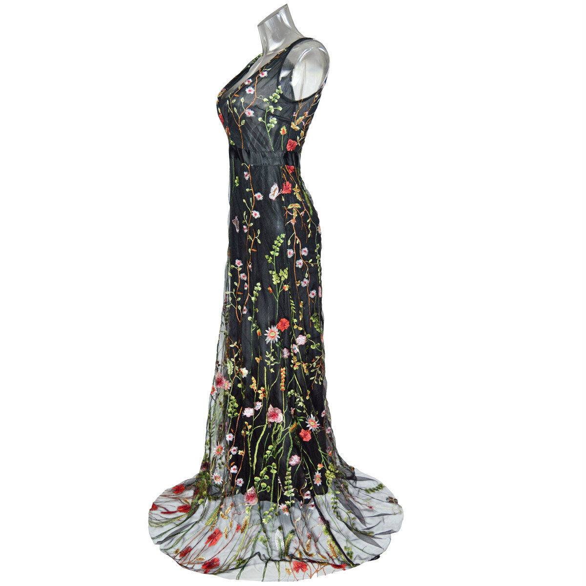 Платье выпускное, с вышивкой, без рукавов, с глубоким V-вырезом, L