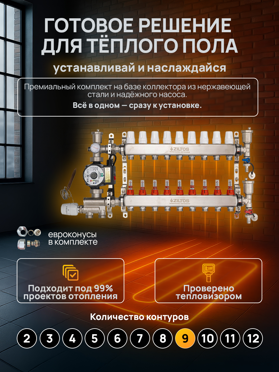 Комплект для водяного теплого пола 9 выходов / контуров Ziltos / коллектор, насос, насосно-смесительный узел, евроконусы