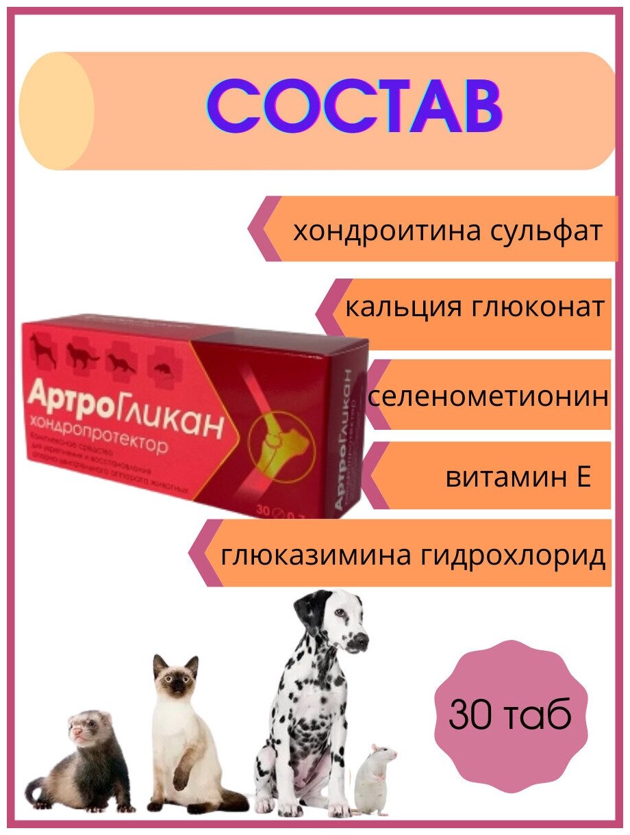 Артрогликан 30 таблеток витамины для животных хондропротектор для собак, кошек, хорьков, крыс