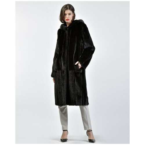 фото Пальто marco vanoli, норка, силуэт прямой, карманы, капюшон, размер 44, черный