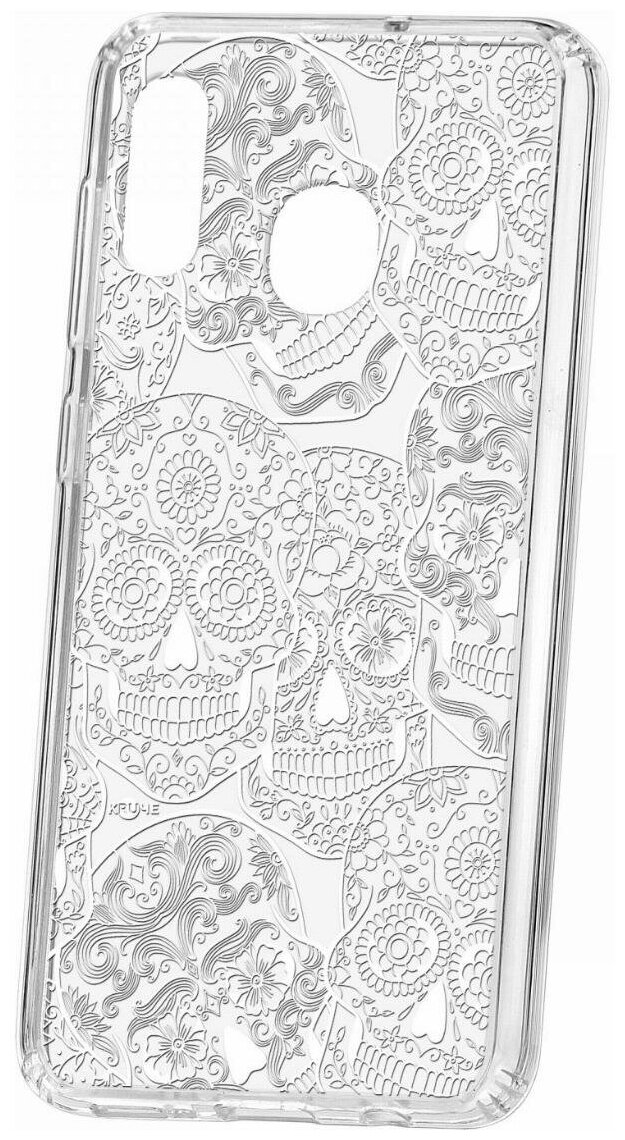 Чехол для Samsung Galaxy A20/A30 Kruche Print Skull White, пластиковая накладка, силиконовый бампер с защитой камеры, защитный прозрачный кейс с рисунком