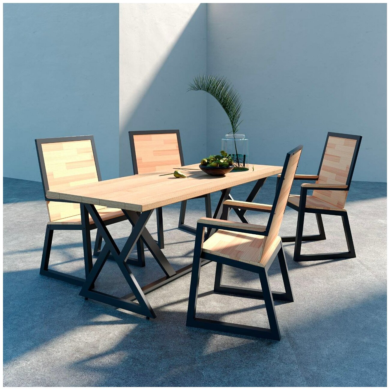 Комплект мебели фамилия, обеденный стол и 4 кресла из натурального дерева в стиле лофт - фотография № 1