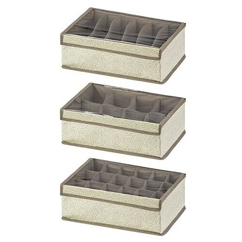Набор 3-х короб-кофров для нижнего белья и носков 34х23х12 см EL Casa Розы на бежевом (6, 8, 18 отделений), с прозрачной крышкой