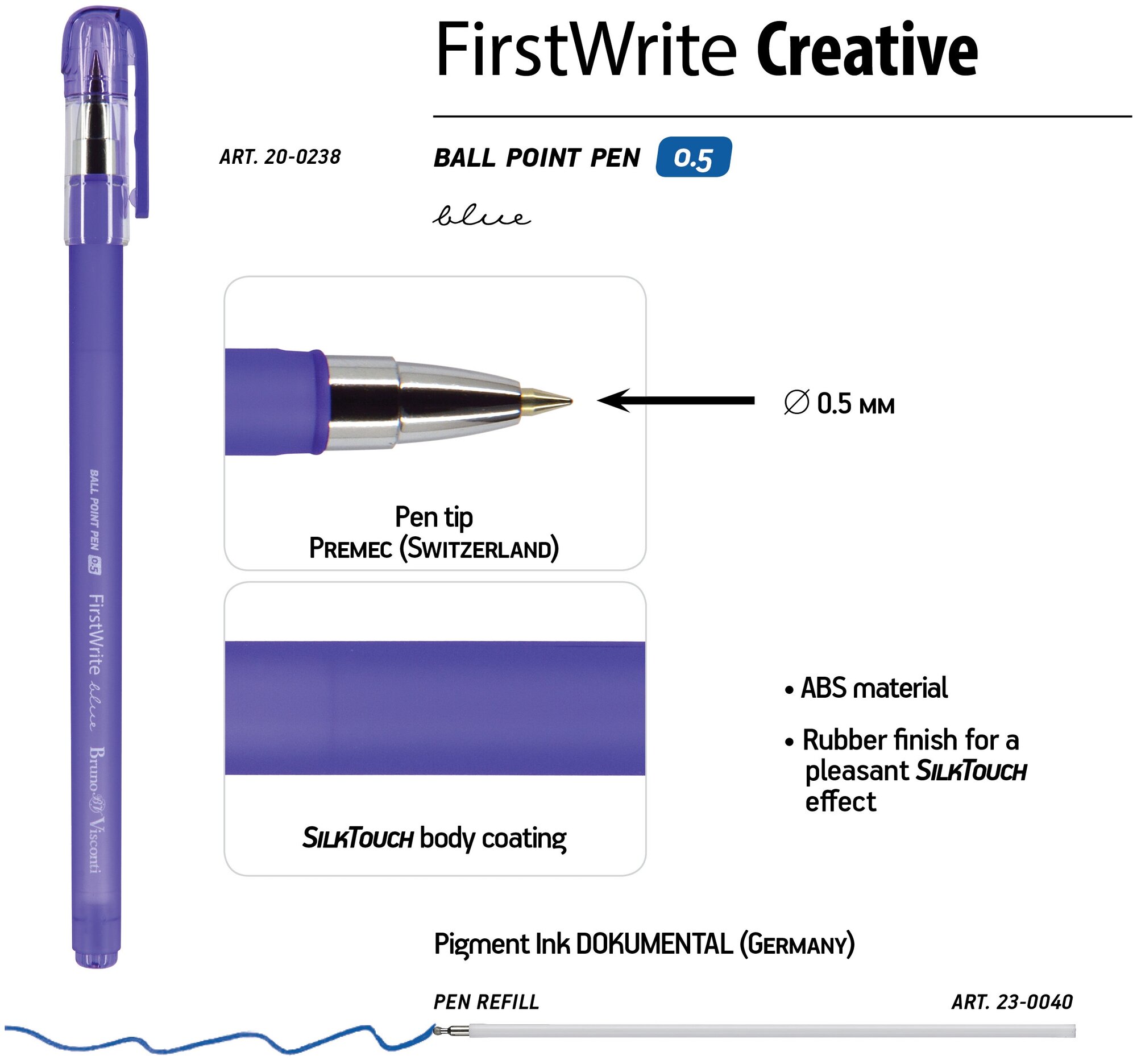 Ручкa BrunoVisconti, шариковая, 0.5 мм, синяя, FirstWrite. CREATIVE, Арт. 20-0238