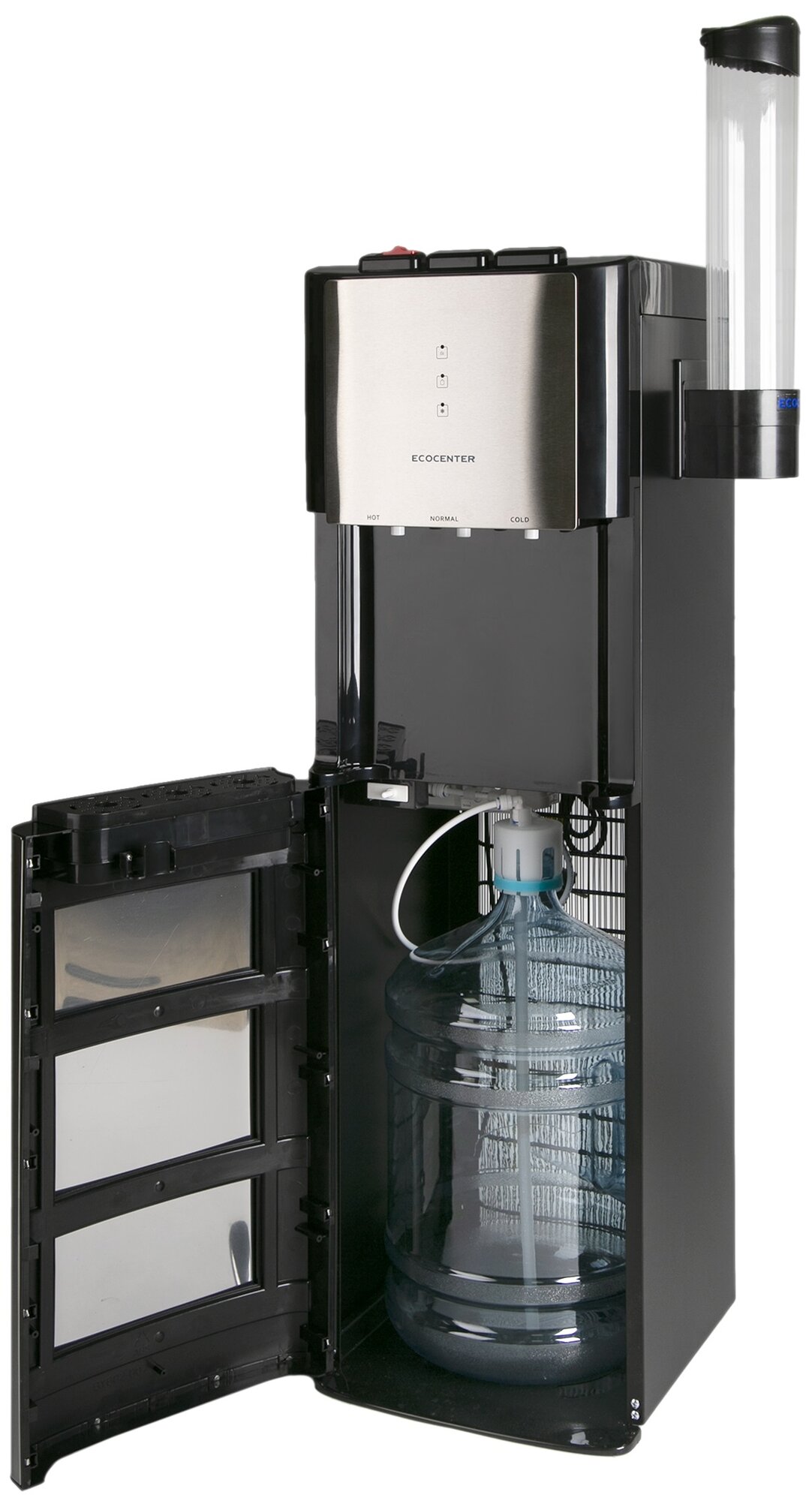 Кулер (диспенсер) для воды напольный с нагревом и компрессорным охлаждением ECOCENTER A-X605 с нижней загрузкой, черный - фотография № 6