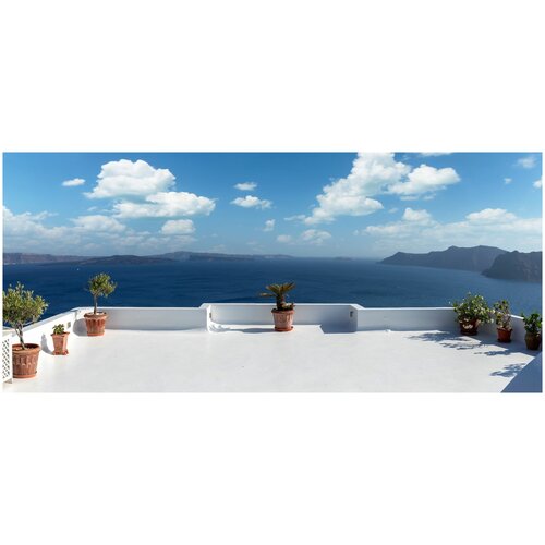 Фотообои Уютная стена Терраса с видом на море в Греции 610х270 см Виниловые Бесшовные (единым полотном)