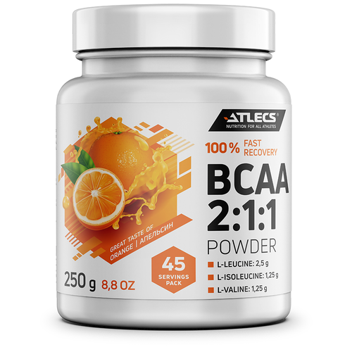 Atlecs BCAA 2:1:1 незаменимые аминокислоты (изолейцин, лейцин, валин) для выносливости, восстановления и роста мышц, апельсин порошок 250 гр., 45 порций