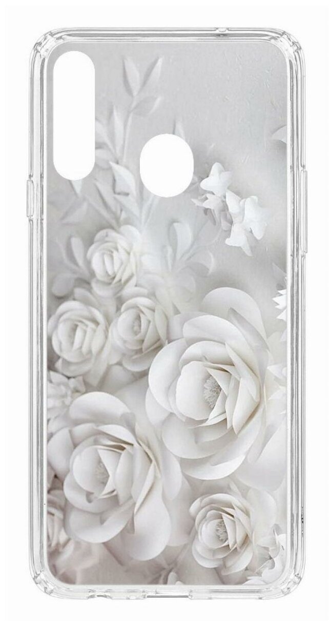 Чехол для Samsung Galaxy A20S Kruche Print White roses, пластиковая накладка, силиконовый бампер с защитой камеры, защитный прозрачный кейс с рисунком
