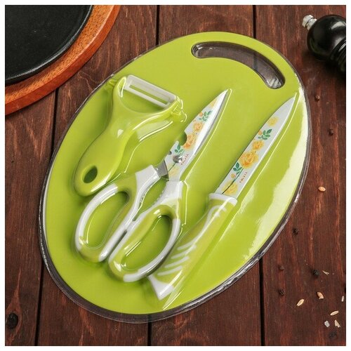 Набор кухонных инструментов КНР нож, ножницы с антиналипающим покрытием, овощечистка, зеленый