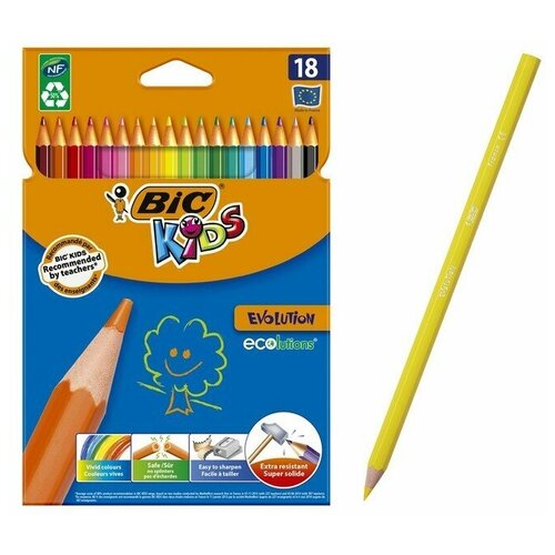 Цветные карандаши 18 цветов, детские, шестигранные, ударопрочные, BIC Kids Evolution