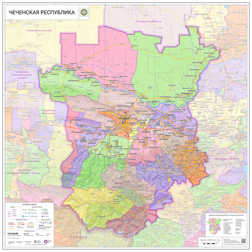 Настенная карта Чеченской Республики 100 х 100 см (на самоклеющейся пленке)