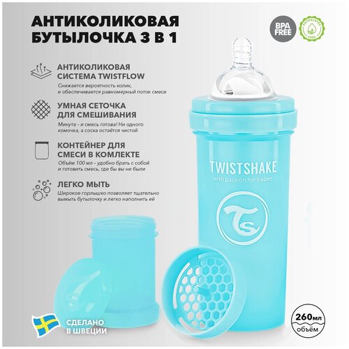 Детская антиколиковая бутылочка для кормления Twistshake,  260 мл, от 2 мес. Пастельный синий