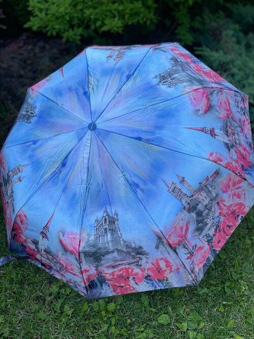 Зонт полуавтомат, 2 сложения, купол 98 см, 8 спиц, чехол в комплекте, для женщин, голубой